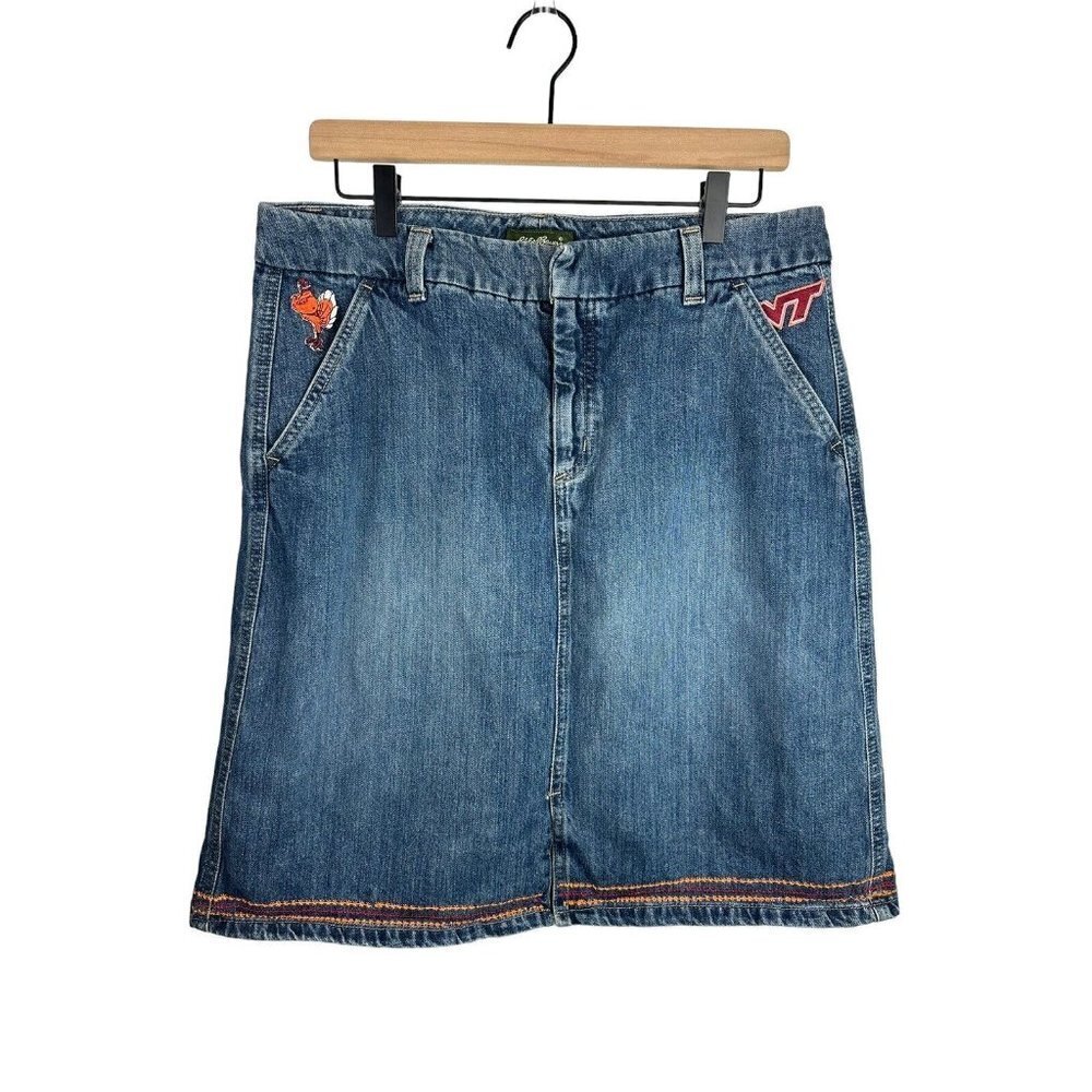 Eddie Bauer Vintage Embroidered Virginia Tech Hokie Denim Jean Skirt Sz 12 Women